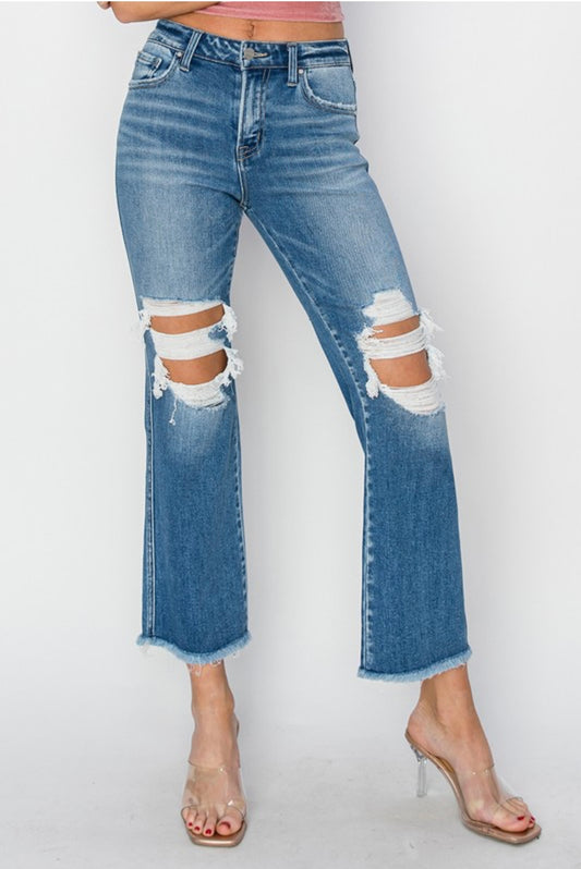 Risen Mid Rise Crop Flare Distressed Jeans