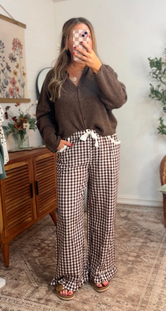 GINGHAM LACE RUFFLED PULL ON PANTS