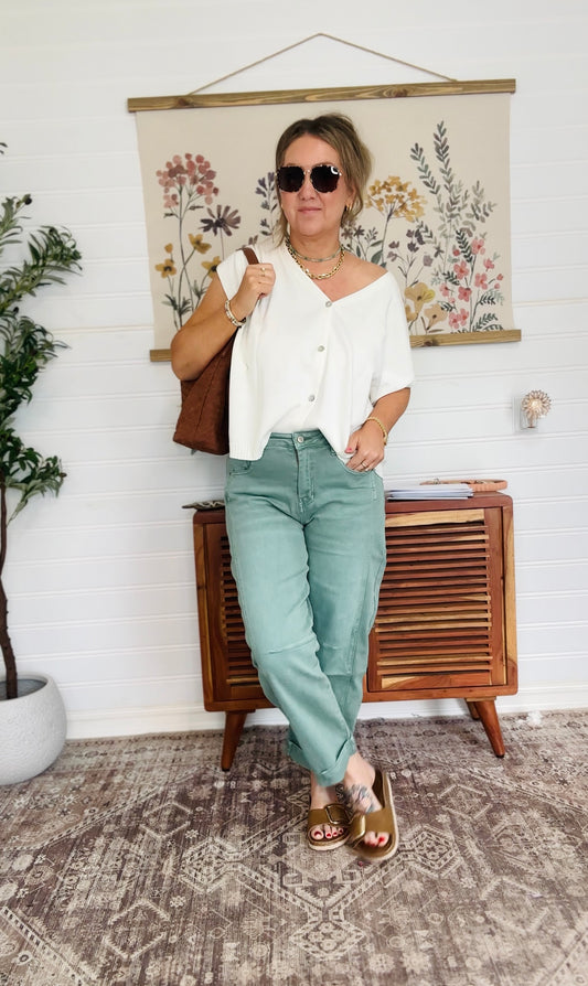 High Rise Barrel-leg Cropped Color Denim Pants ( 3 color options)