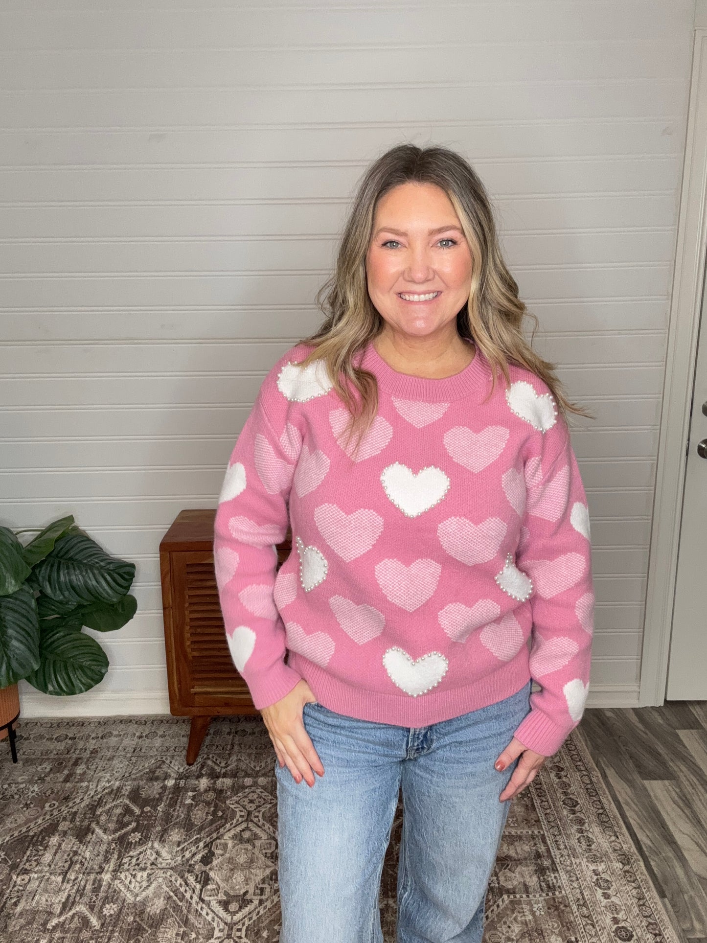 Pink Pearled Heart Print Valentines Sweater