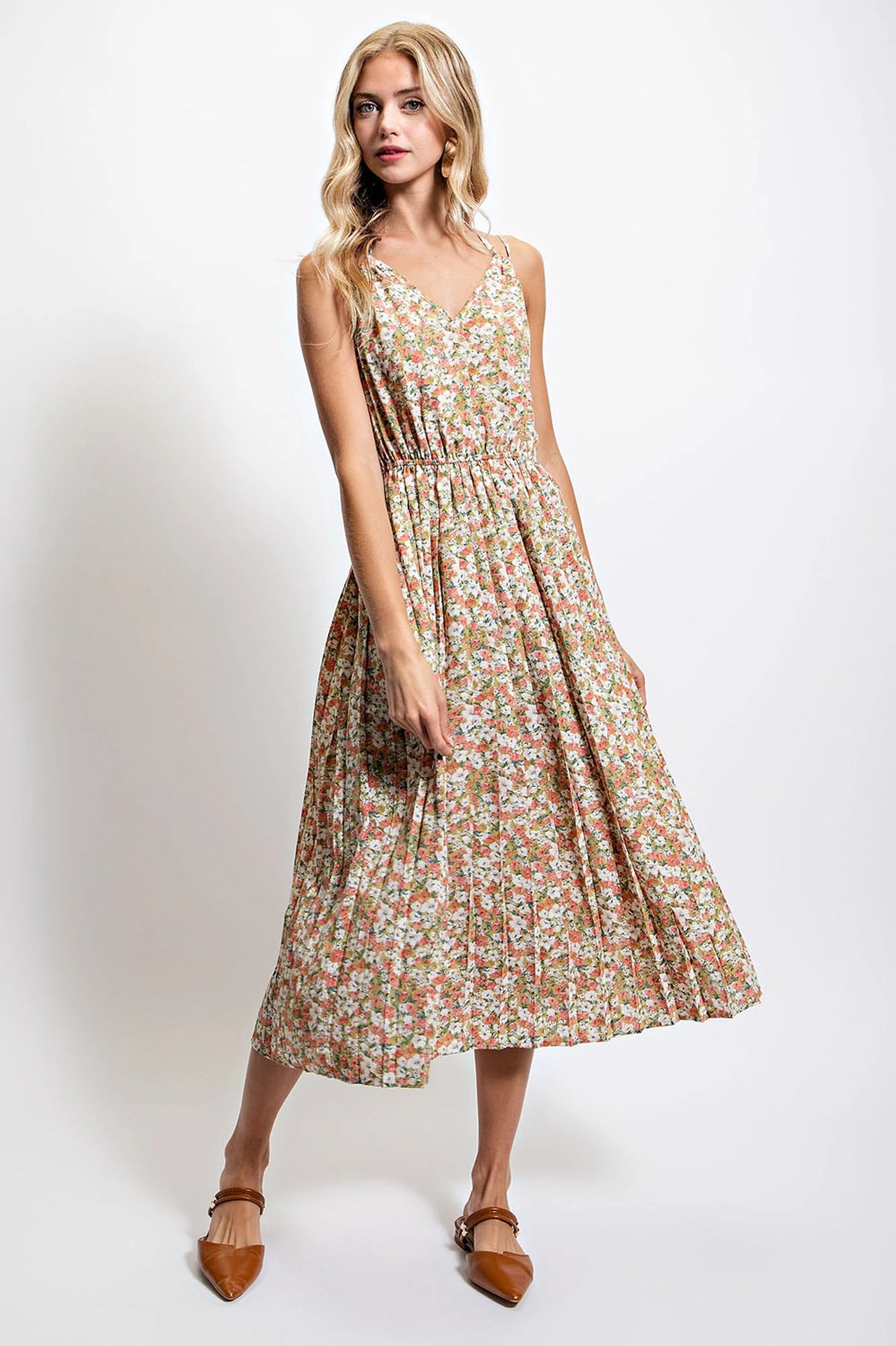 Floral Print Pleated Skirt Midi Dress