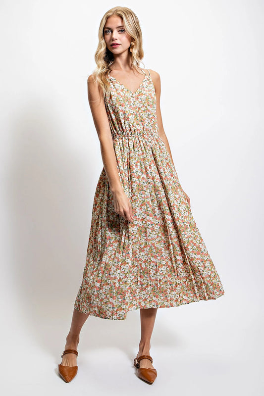 Floral Print Pleated Skirt Midi Dress