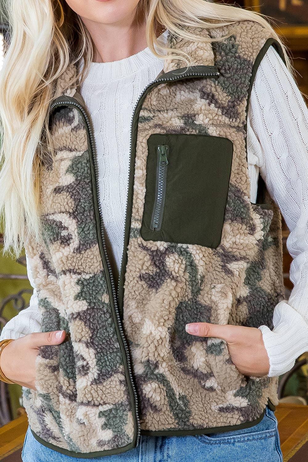 Camouflage shearling vest