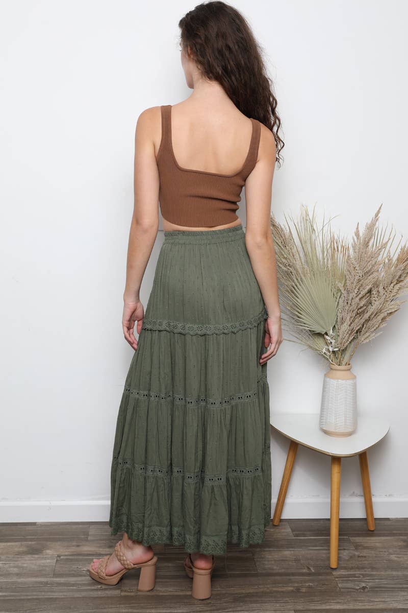 Lace trim maxi skirt with slit (Multiple color options)