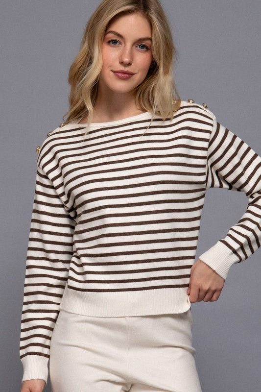 Long Sleeve Buttoned Shoulder Stripe Sweater