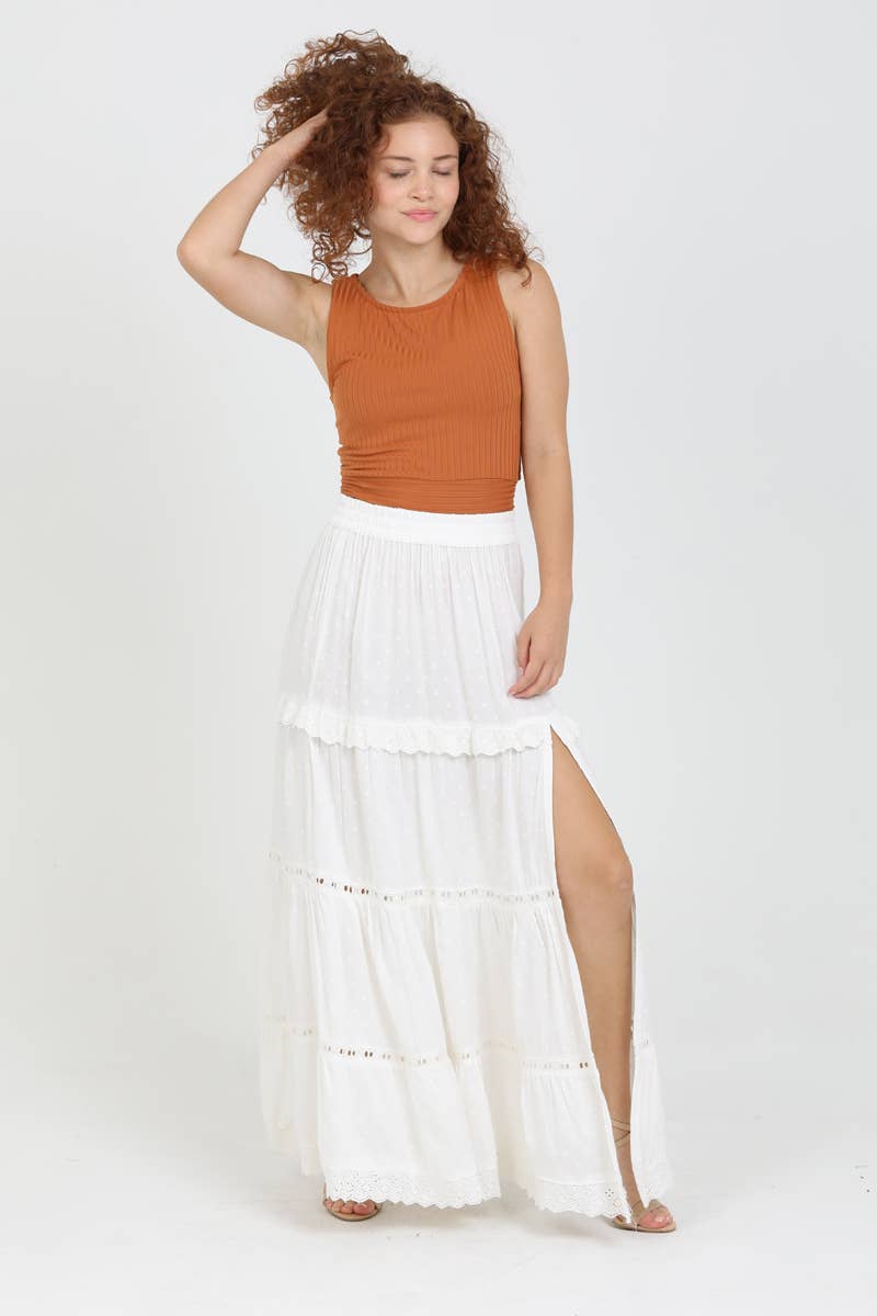 Lace trim maxi skirt with slit (Multiple color options)