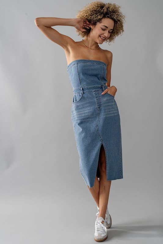 STRAPLESS DENIM MIDI DRESS