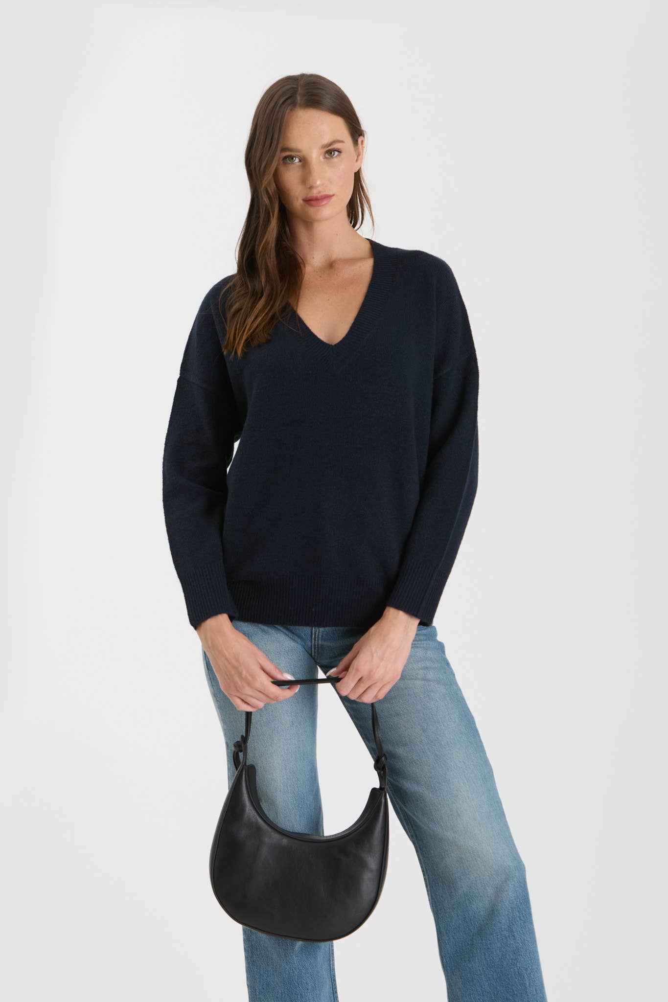 SOLID V NECK DROP SHOULDER KNIT SWEATER