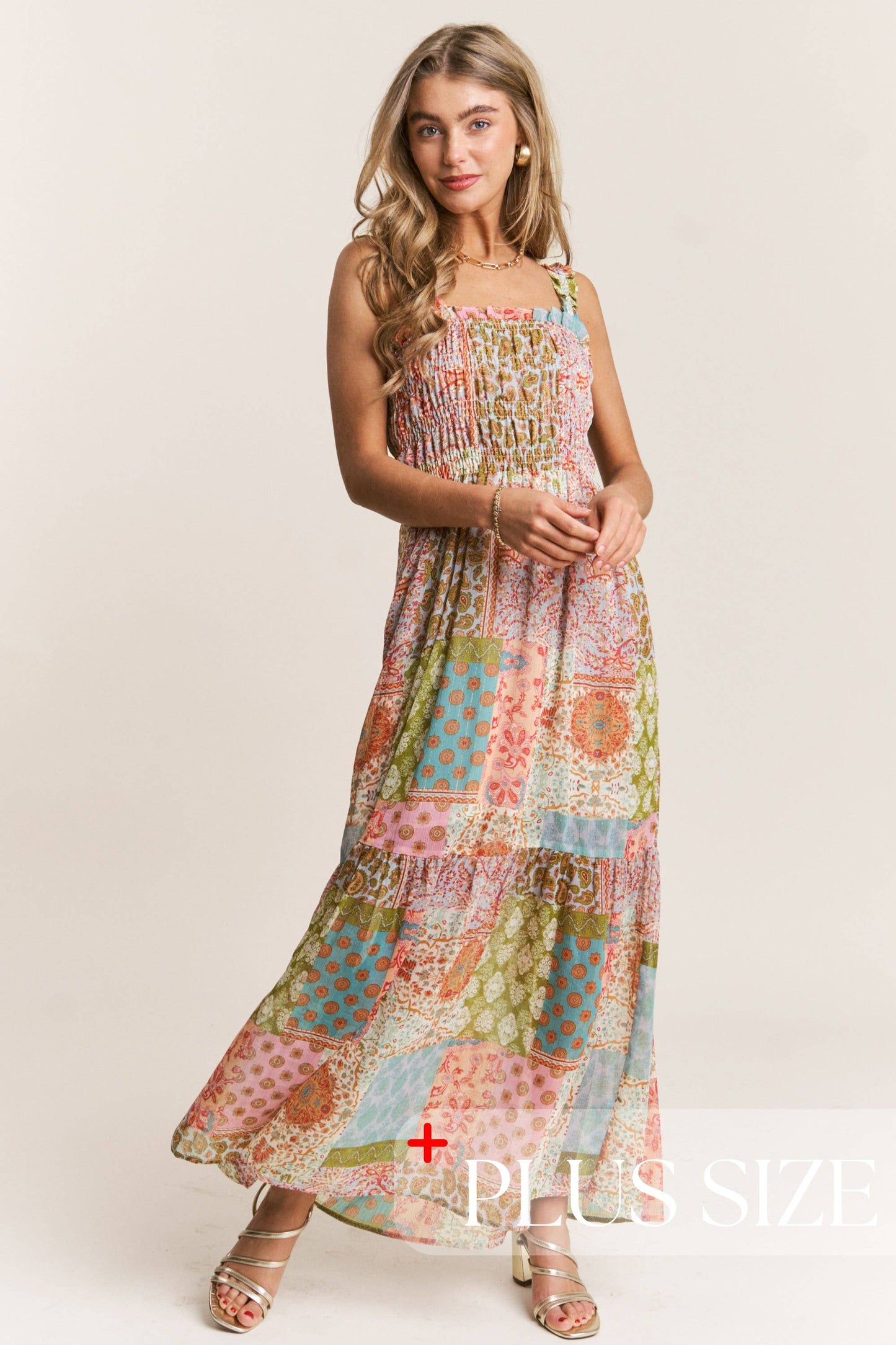 Smocked Top PatchWork Maxi Dress 1X-3X