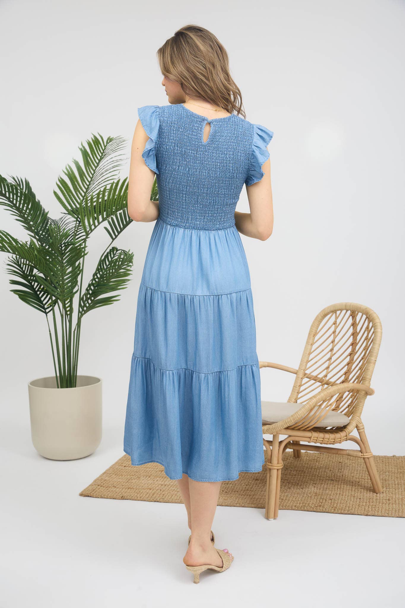 CHAMBRAY SMOCKED RUFFLE SLEEVE TIERED MIDI DRESS