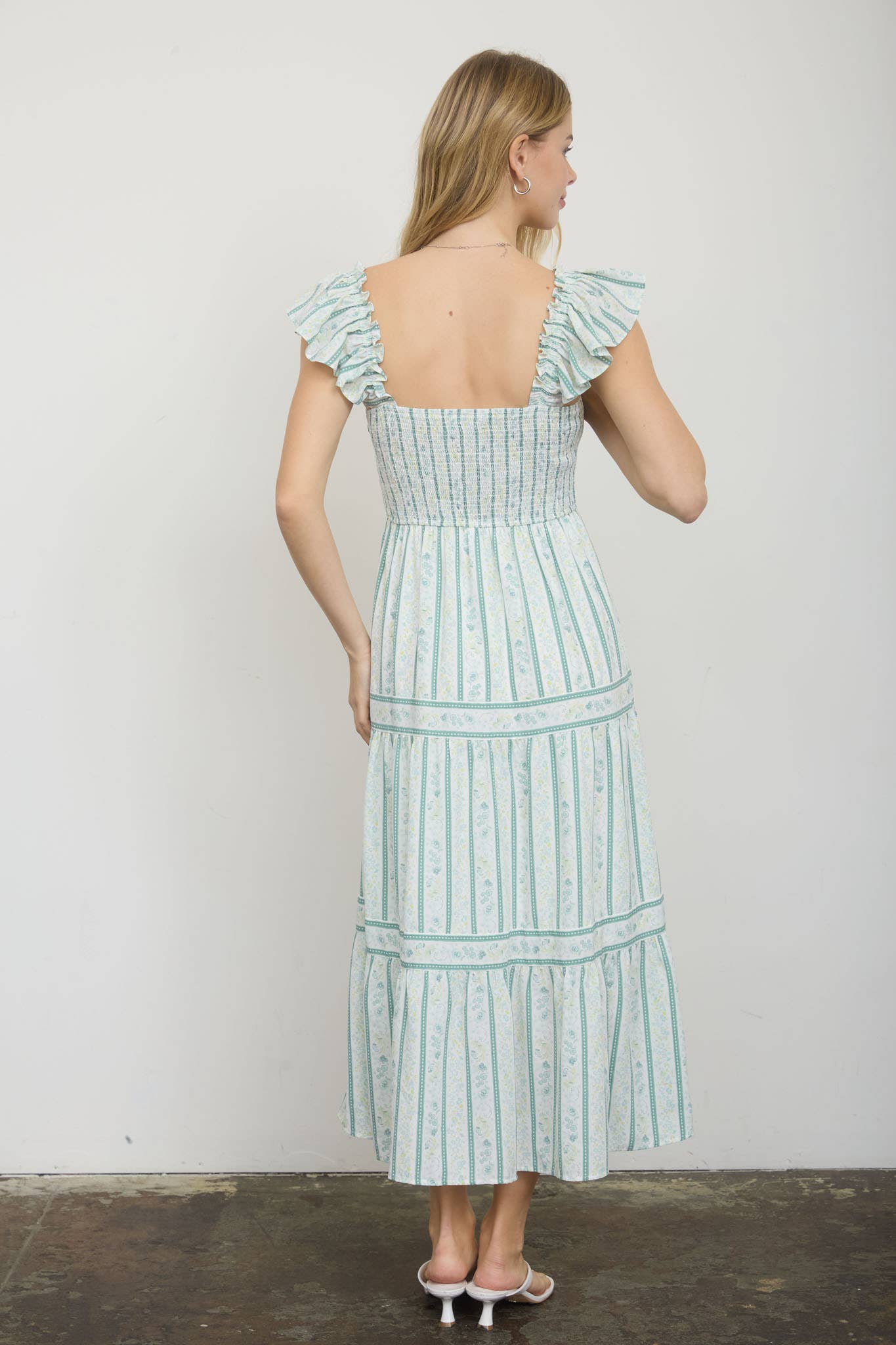 STRIPE FLORAL PATTERN SMOCKED TIERED MIDI DRESS