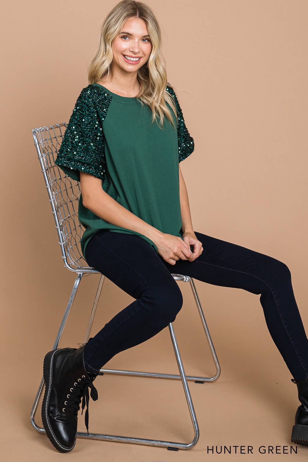 Washed Cotton Knit W/ Sequin Sleeve HUNTER GREEN