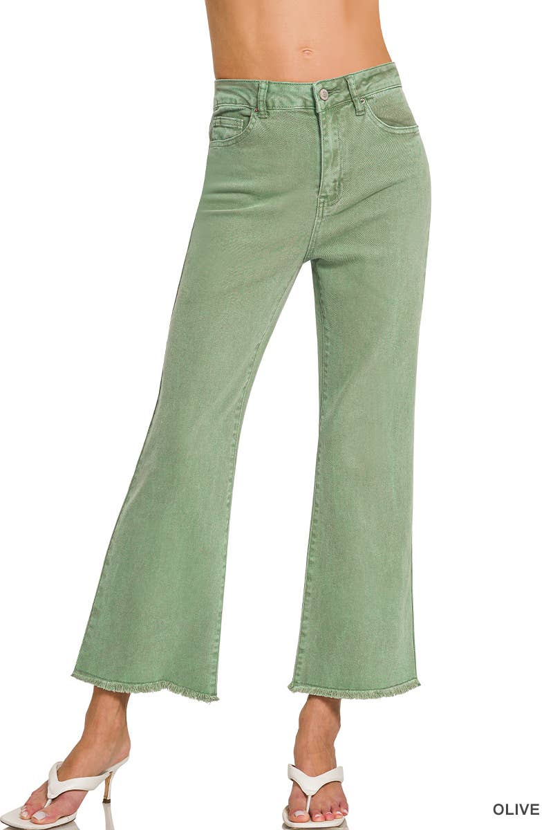 Acid Washed High Waist Frayed Hem Bootcut Pants ( 3color options)