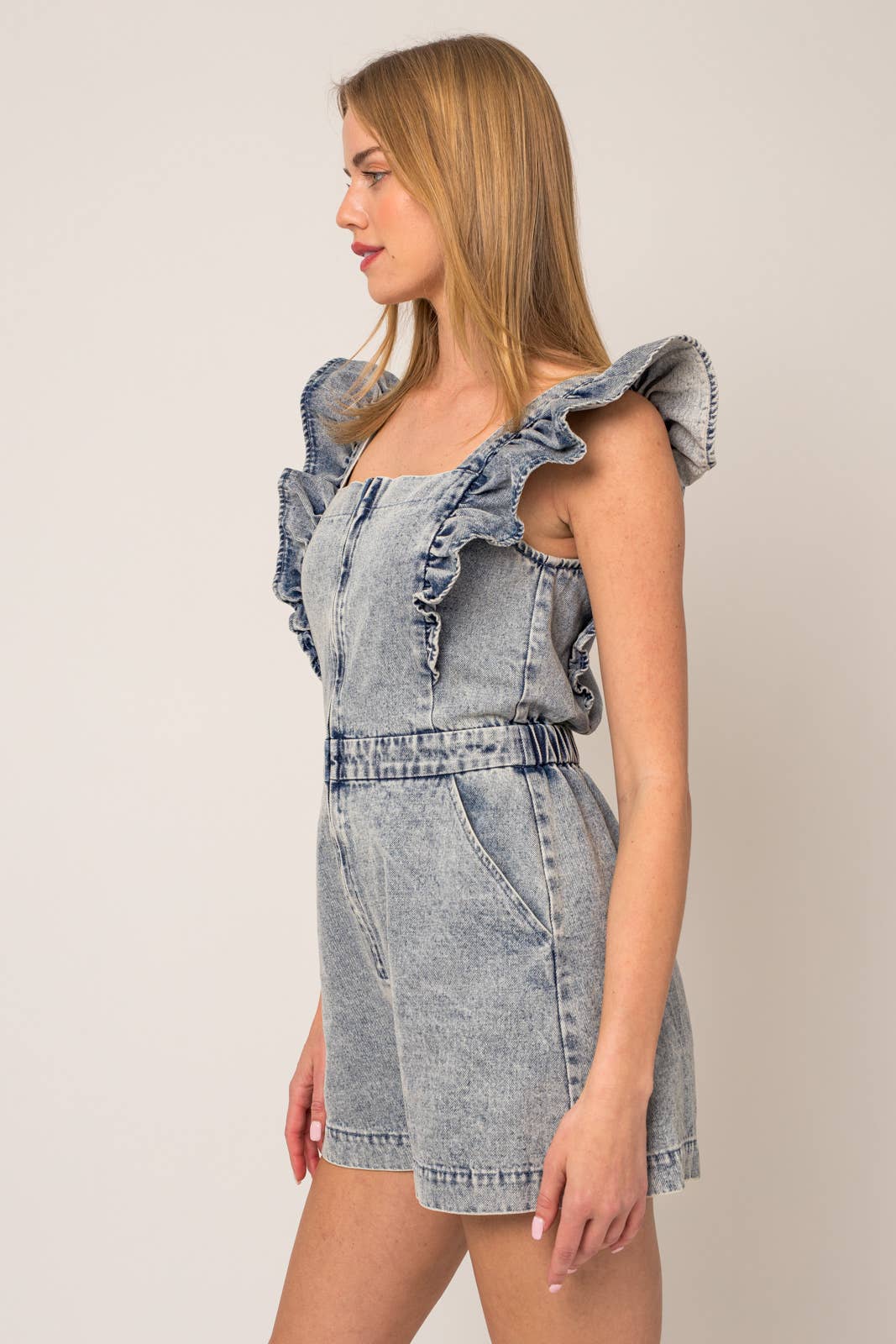 RUFFLE DENIM ROMPER (Multiple color options)