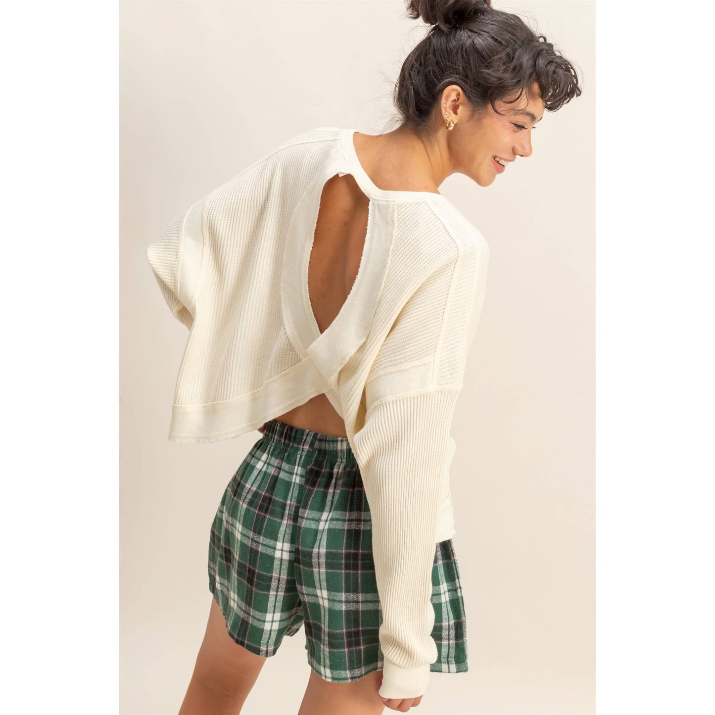 Open Back Textured Knit Long Sleeve Top