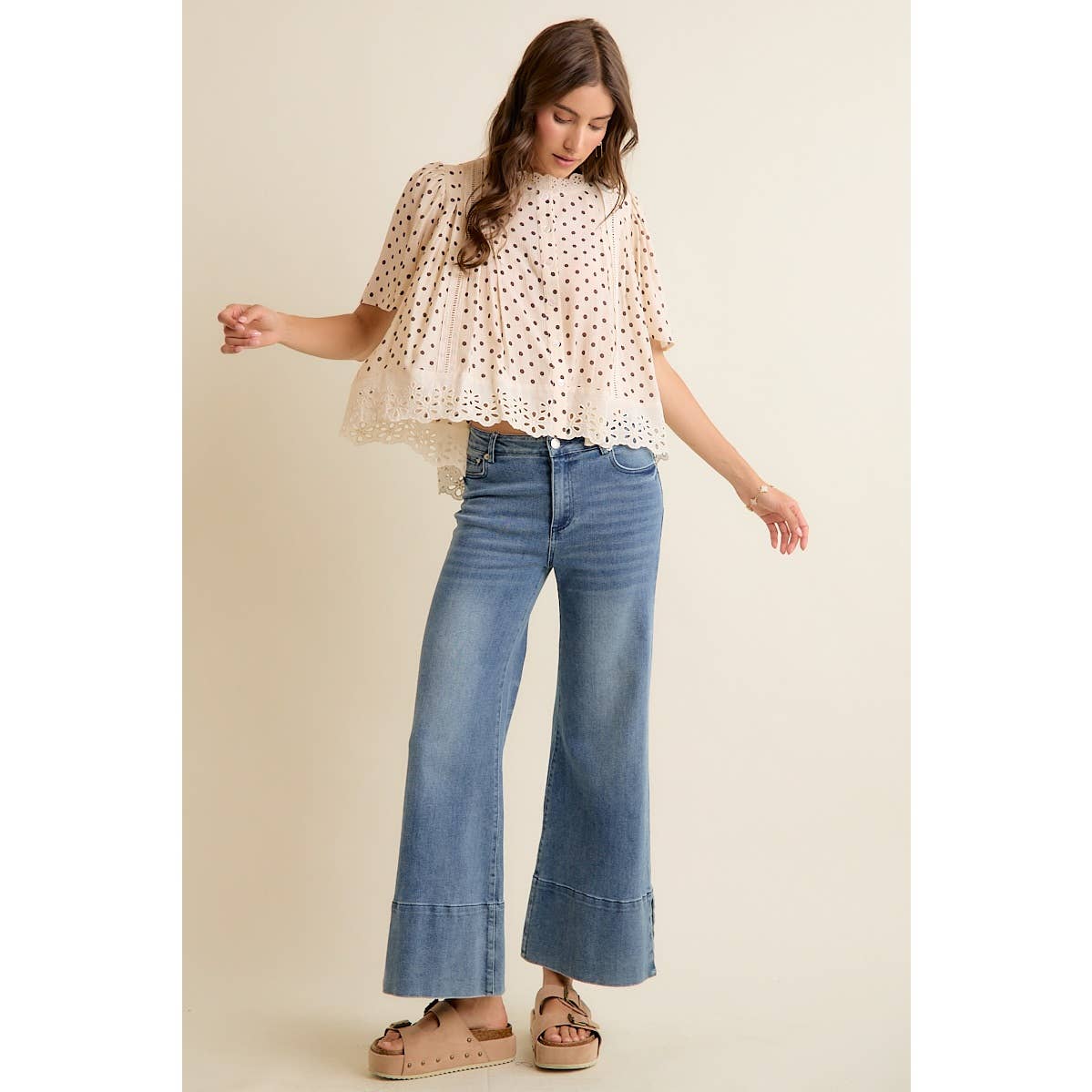 POLKADOT LACE TRIM FLUTTER SLEEVES BLOUSE TOP
