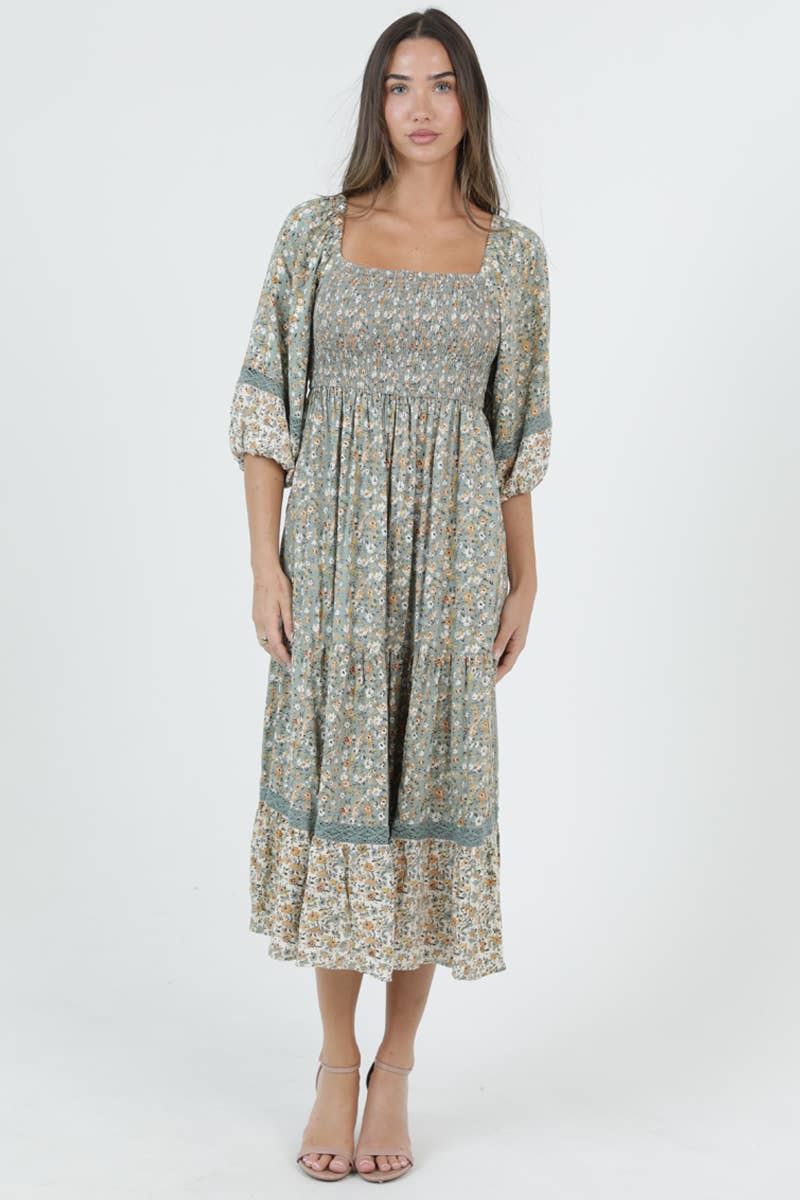 WIMSY PRINT LACE TRIM SMOCKED BODICE MIDI DRESS W