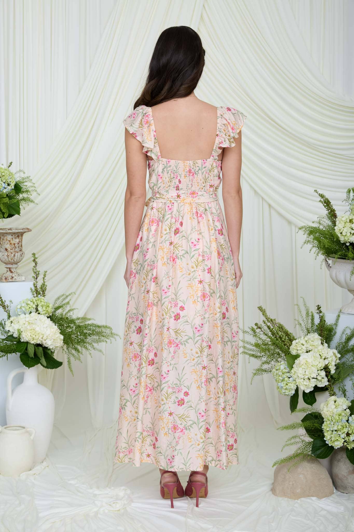 FLORAL WAIST TIE FRONT SLIT SLEEVELESS MIDI DRESS