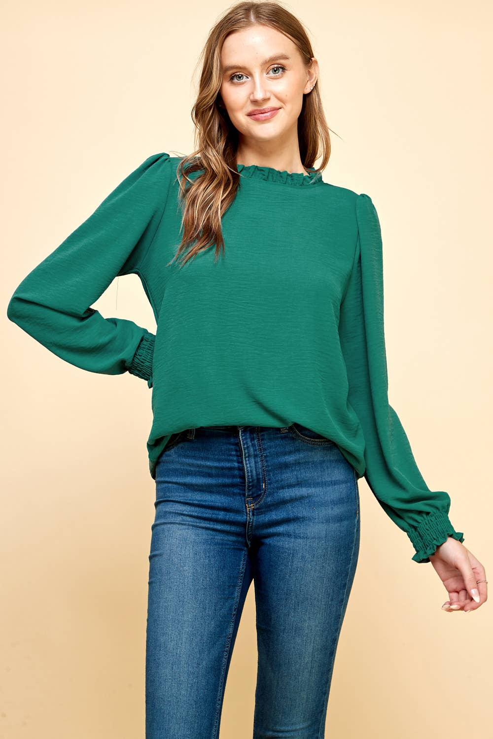 Ruffled Neck Top and Smocked Sleeves (Multiple Colors)