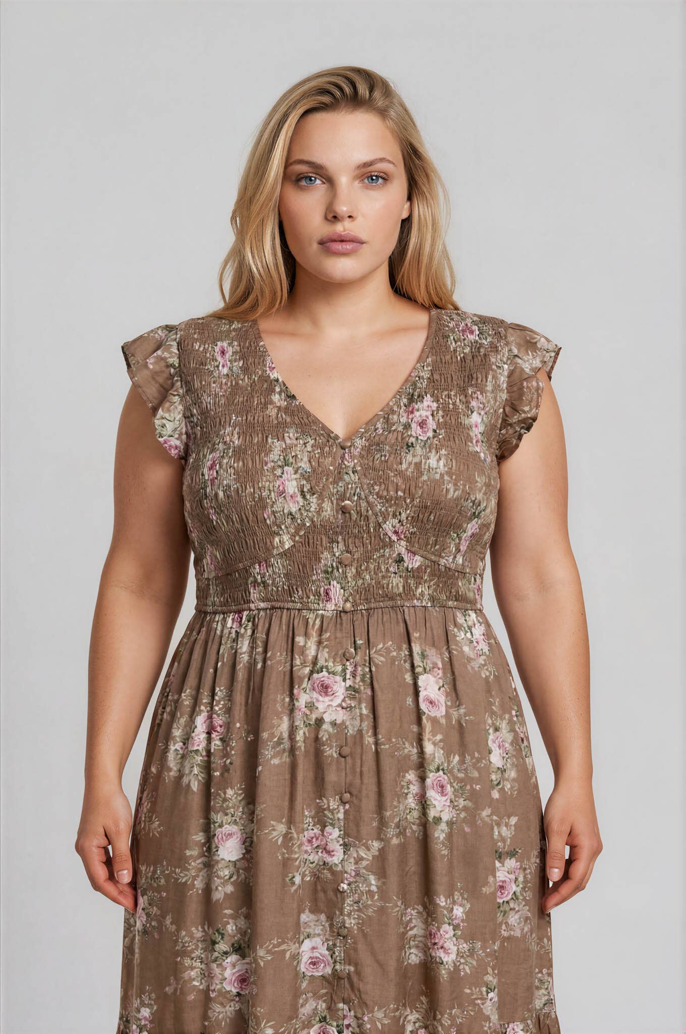 PLUS ROSE SMOCKED V NECK BUTTON DOWN MIDI DRESS
