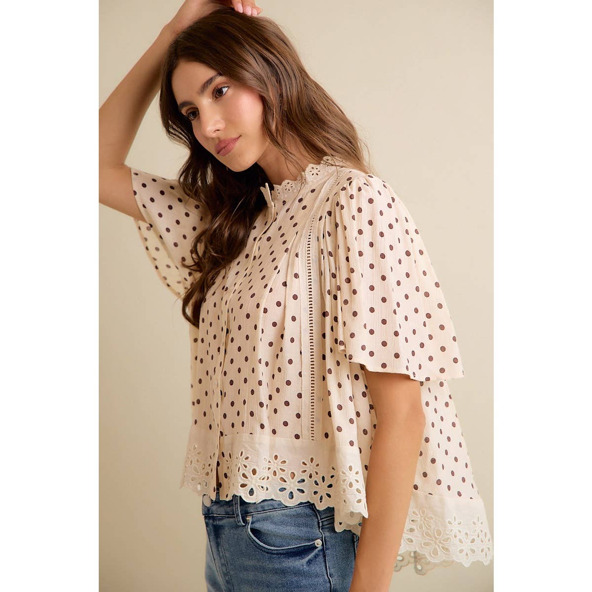 POLKADOT LACE TRIM FLUTTER SLEEVES BLOUSE TOP
