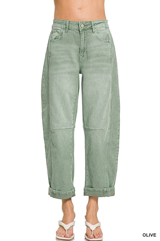High Rise Barrel-leg Cropped Color Denim Pants ( 3 color options)