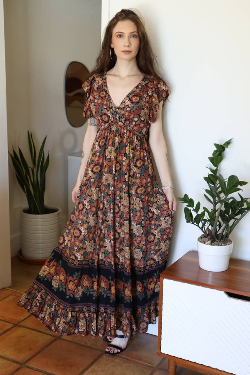 V NECK OPEN BACK FLUTTER SLEEVE MAXI DRESS