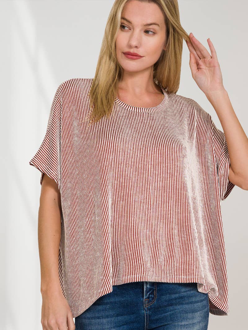 RIBBED STRIPED OVERSIZED SHORT SLEEVE TOP