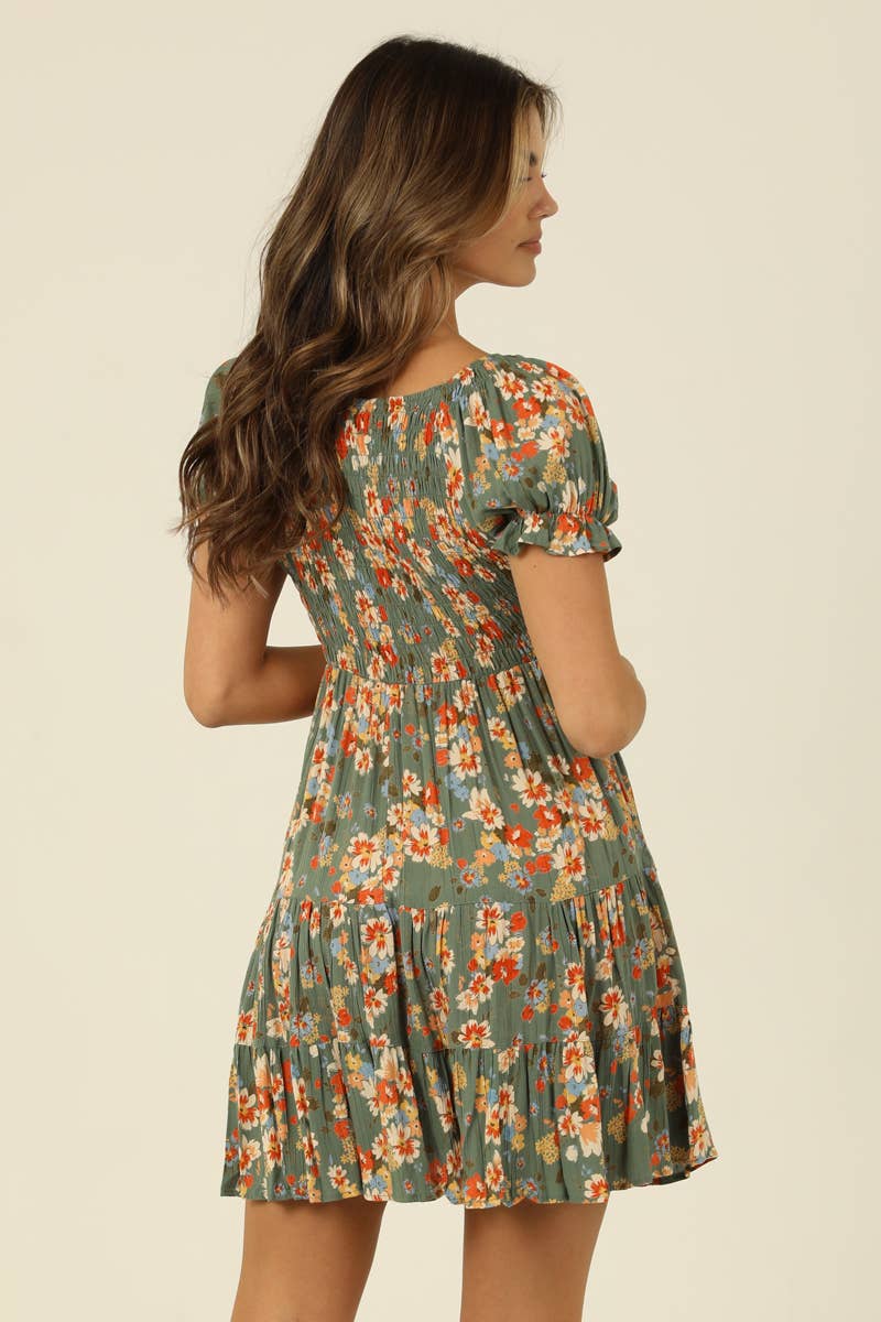V NECK SMOCKED BODICE SHORT SLEEVE DRESS