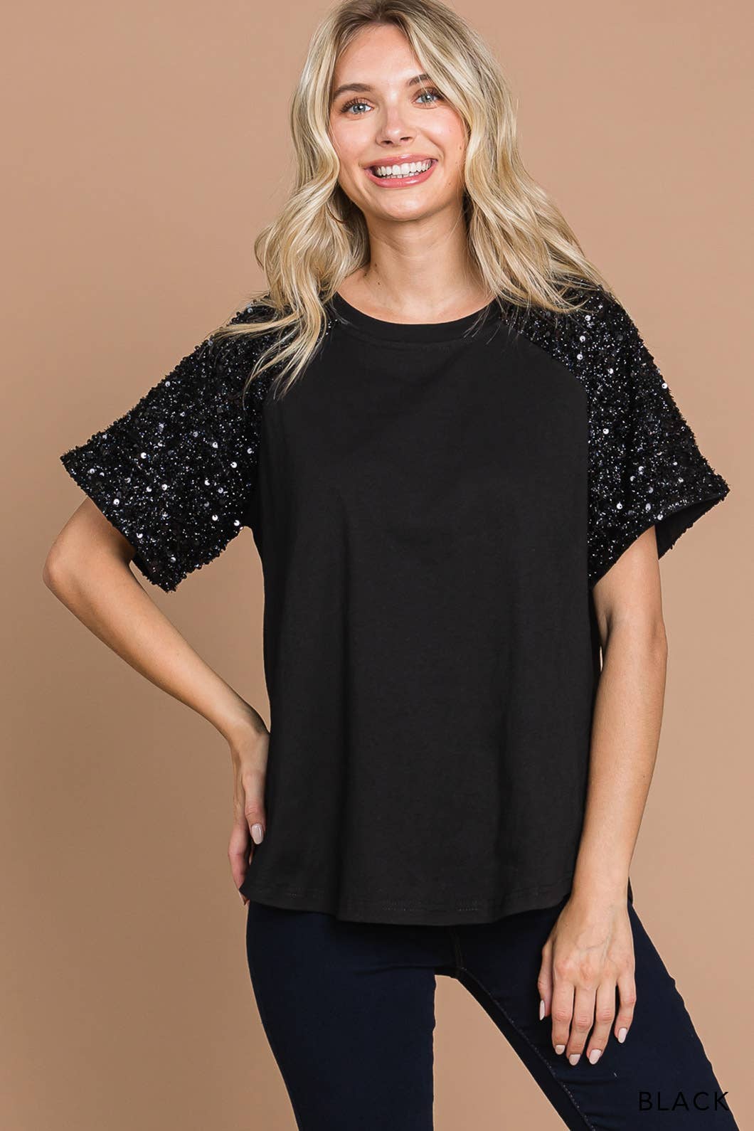 Washed Cotton Knit W/ Sequin Contrast Sleeve