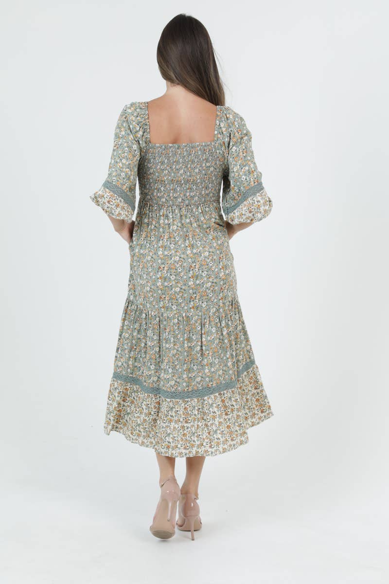 WIMSY PRINT LACE TRIM SMOCKED BODICE MIDI DRESS W