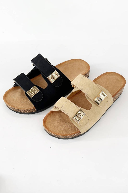 DOUBLE STRAP SLIP ON SANDAL-Black Only