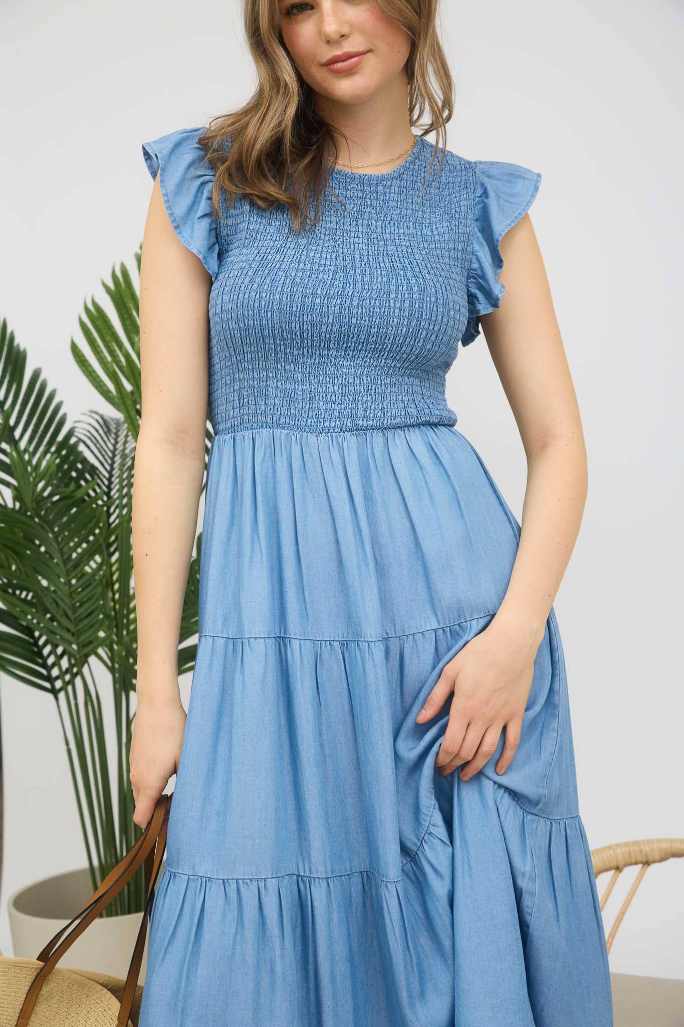 CHAMBRAY SMOCKED RUFFLE SLEEVE TIERED MIDI DRESS