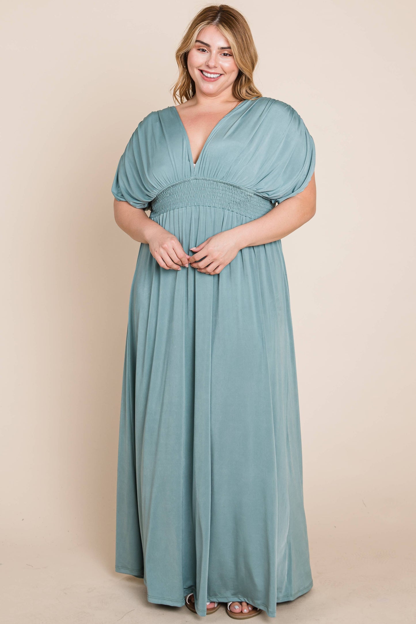 Maxi Dress with Ruched Sleeves-Plus(Black Only)