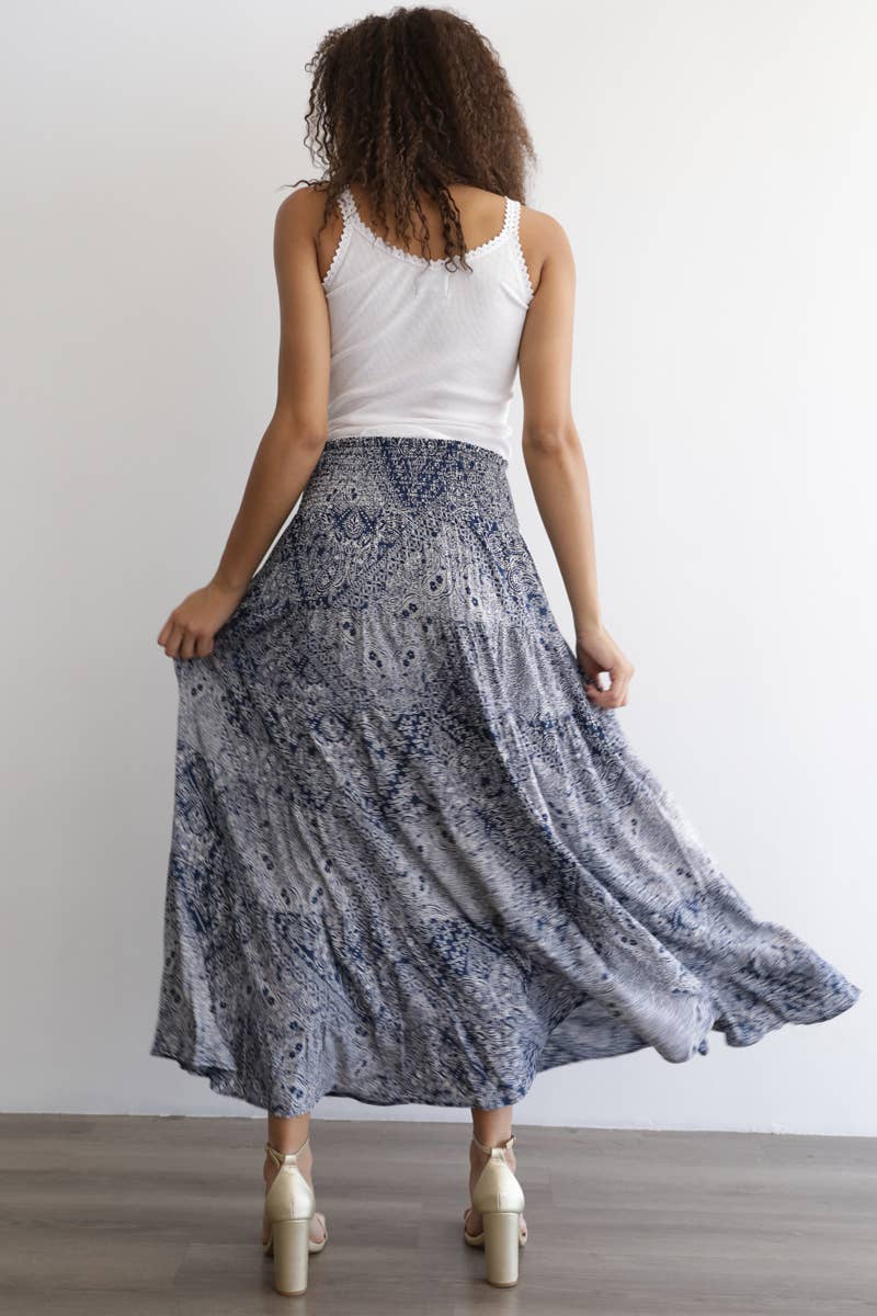 PRINTED TIERED A LINE MAXI SKIRT WITH SMOCKED WAI