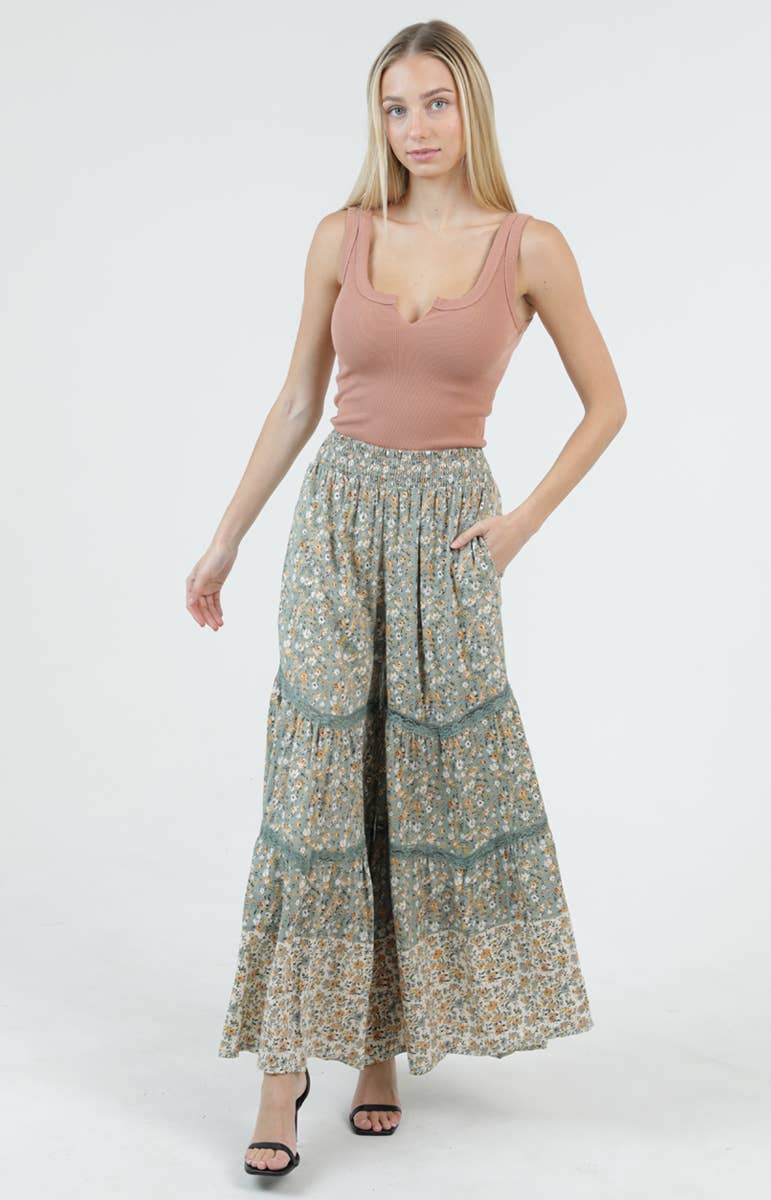 SAGE SMOCKED WAIST FLORAL LACE PRINT PANT