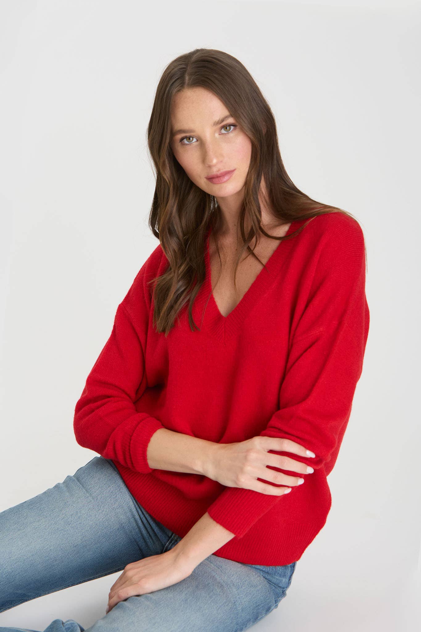 SOLID V NECK DROP SHOULDER KNIT SWEATER