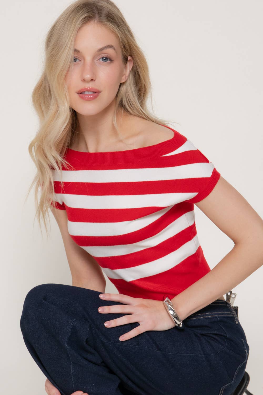 Short Sleeve Off The Shoulder Striped Sweater Top