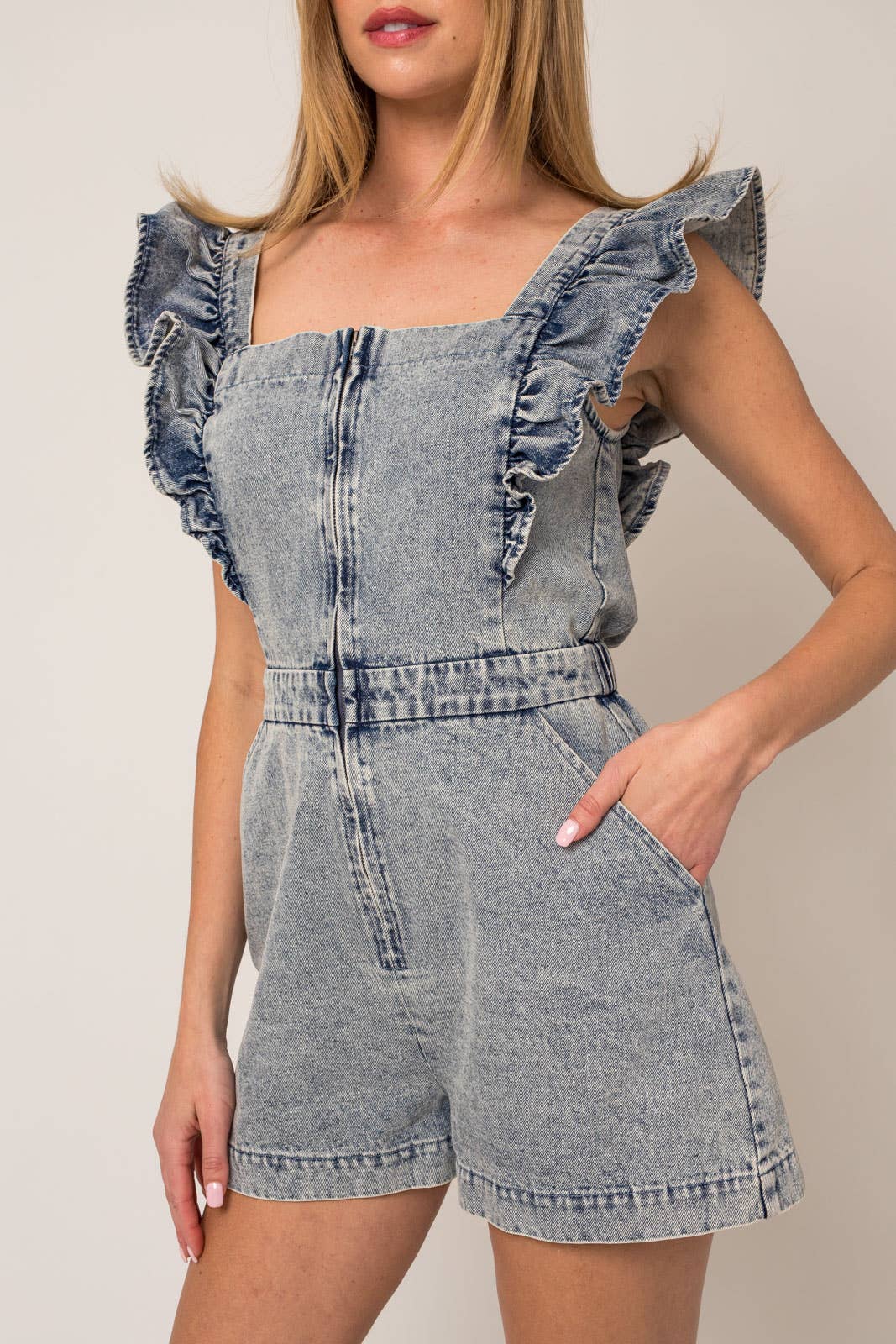 RUFFLE DENIM ROMPER (Multiple color options)