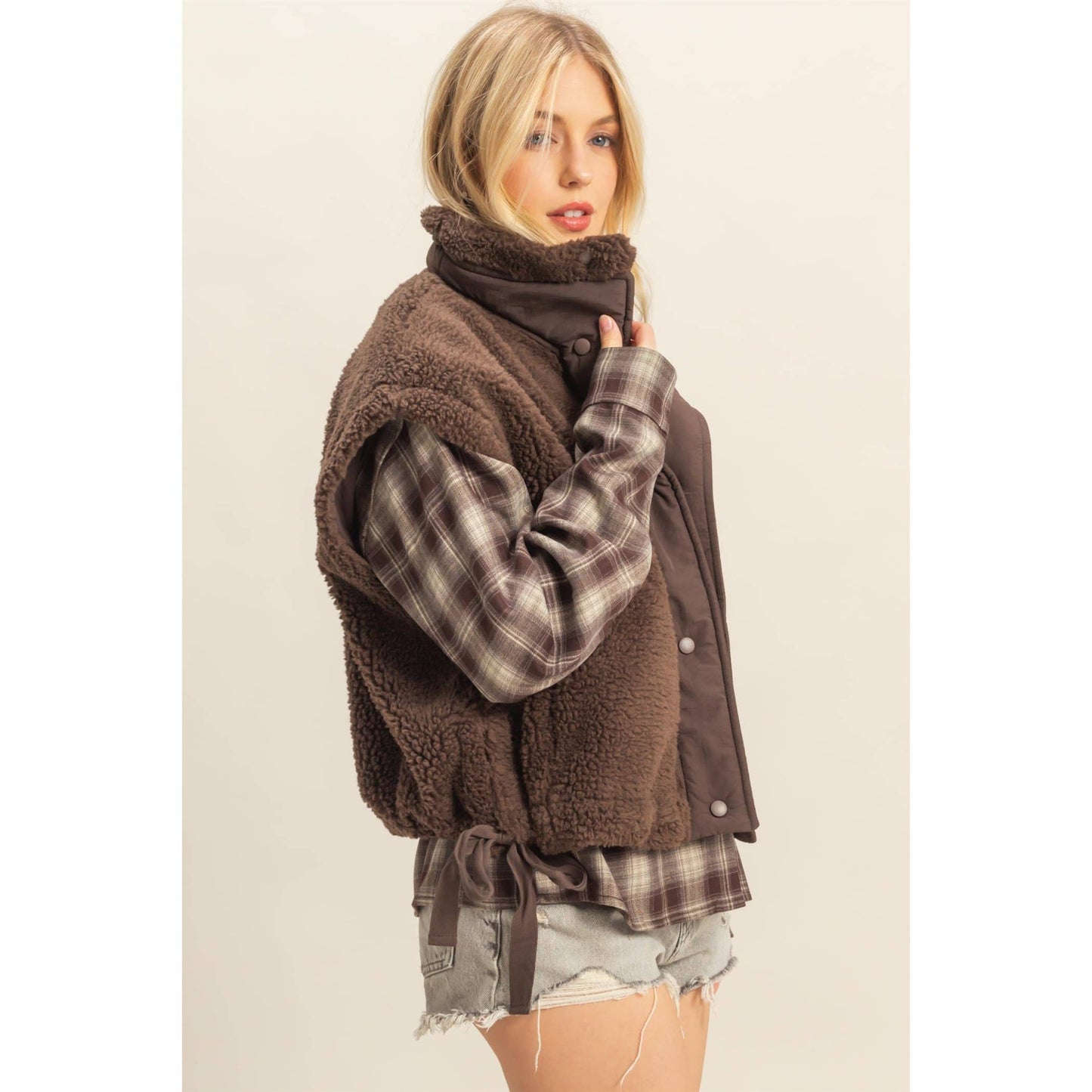 Cozy Sherpa Vest Jacket with Tie-Up Side Details
