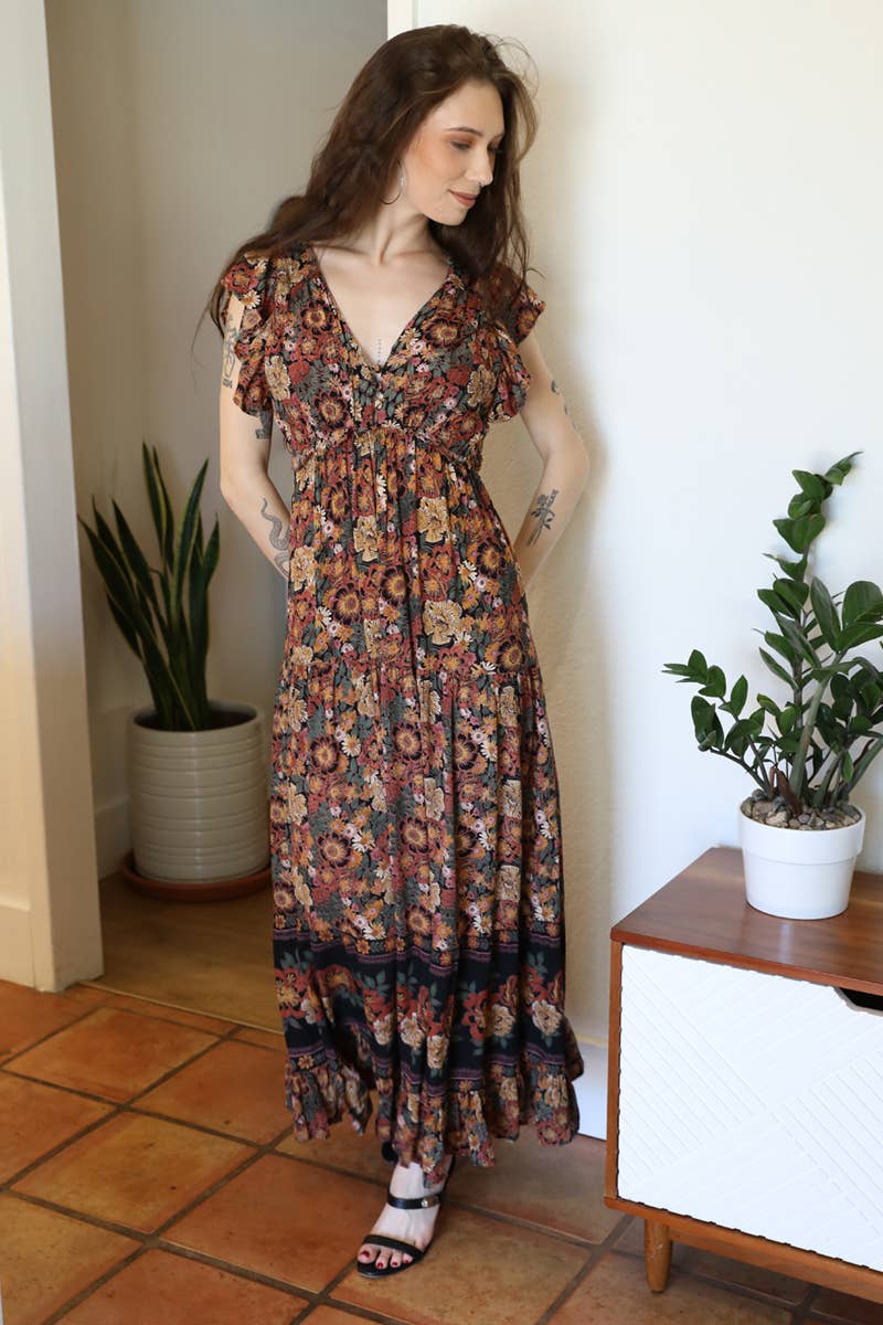 V NECK OPEN BACK FLUTTER SLEEVE MAXI DRESS