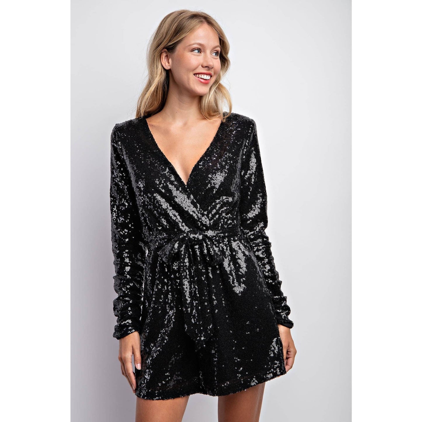 PLUNGING NECK SEQUINS ROMPER BLACK