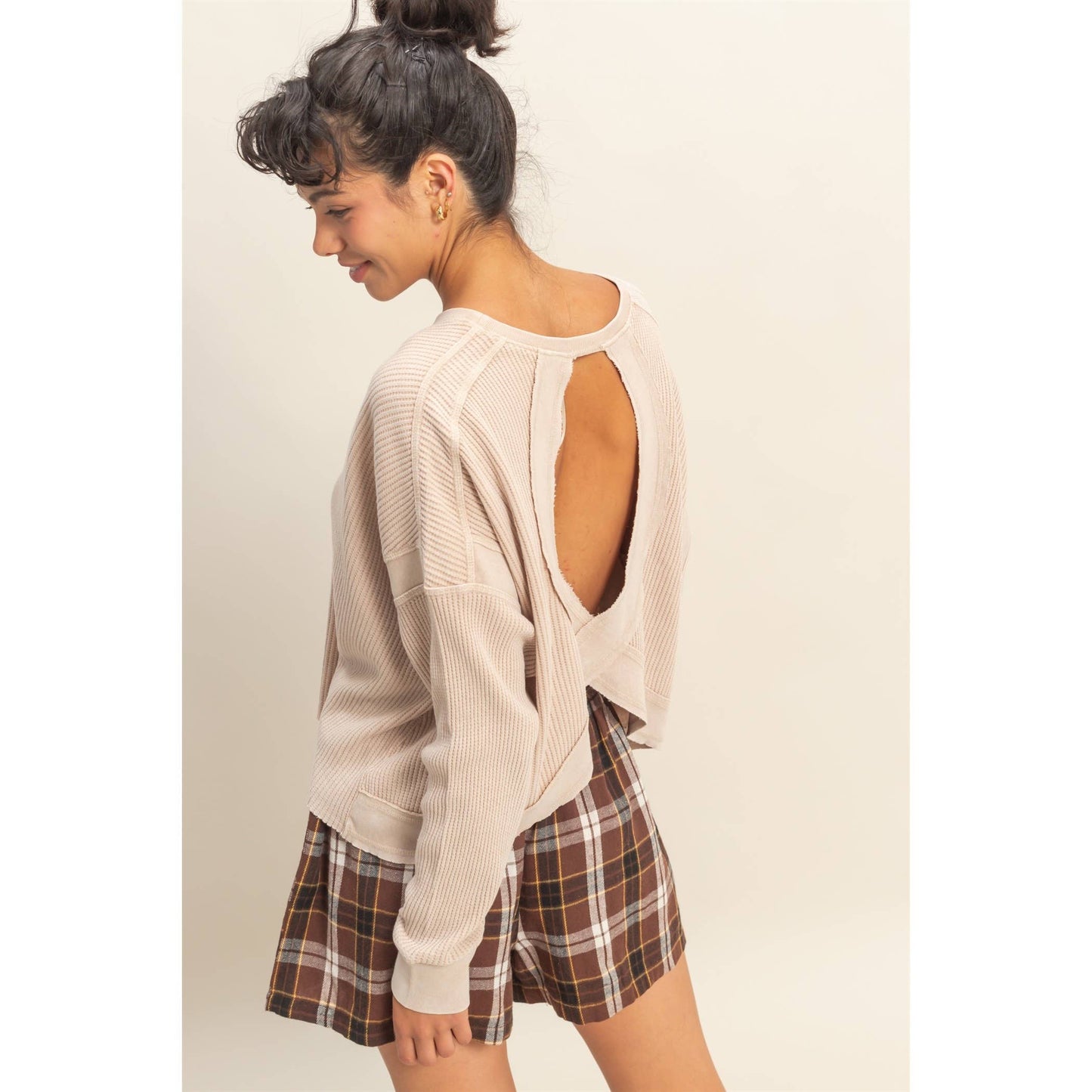 Open Back Textured Knit Long Sleeve Top