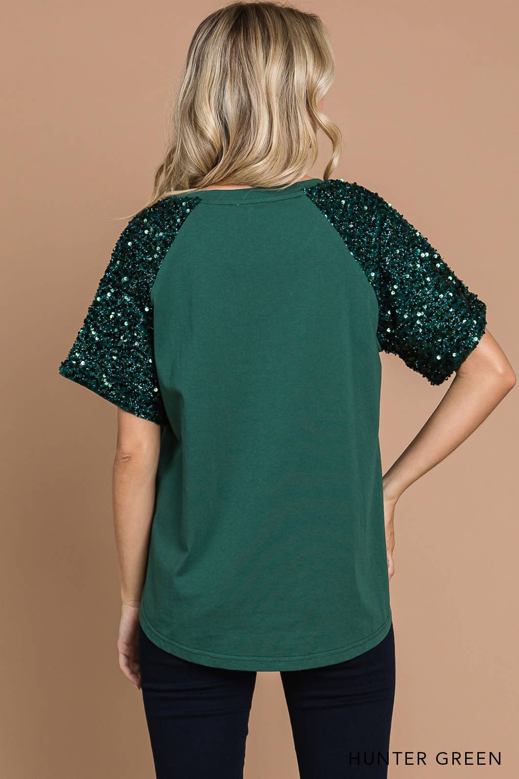 Washed Cotton Knit W/ Sequin Sleeve HUNTER GREEN