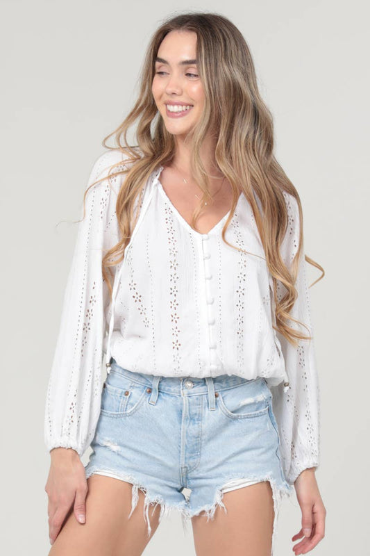 EYELET EMBROIDERED BUTTON FRONT BLOUSE