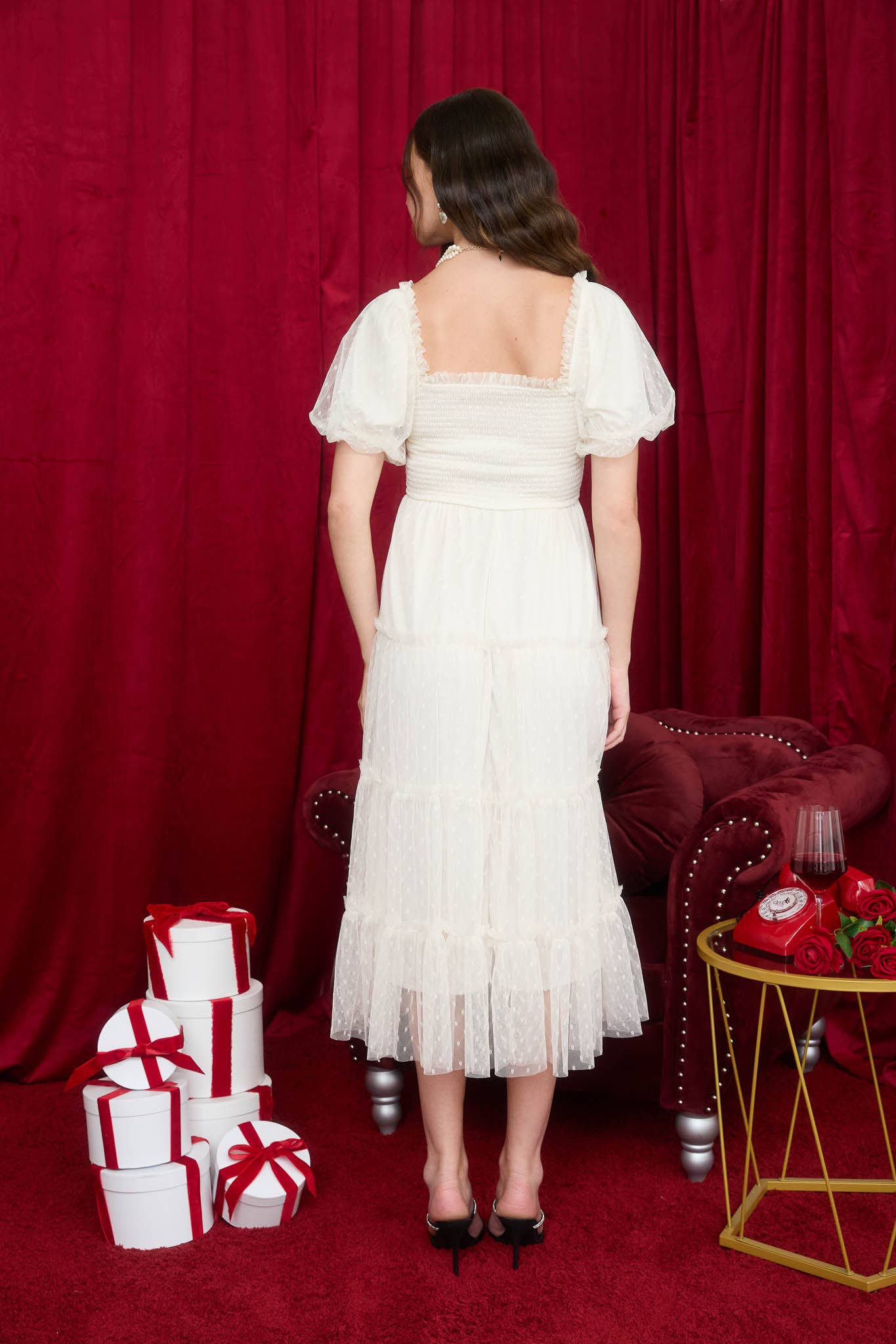 POLKA DOT TULLE PUFF SLEEVE SMOCKED MIDI DRESS