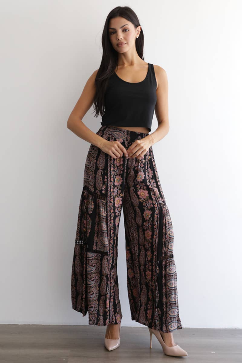 PRINTED FLARE PANTS WITH LACE INSERTS AND SMOCKED