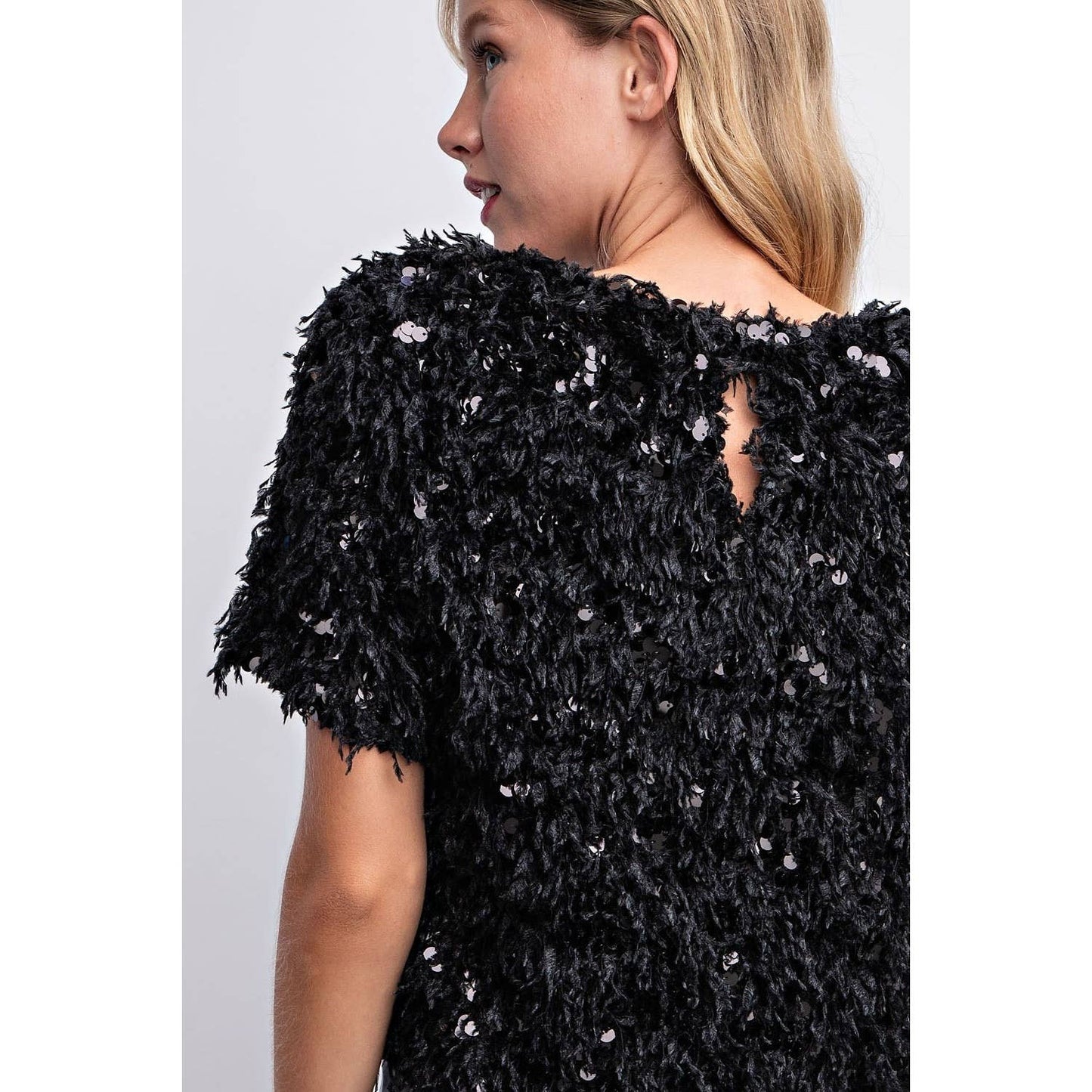 SEQUIN FEATHER BLOUSE TOP-BLACK