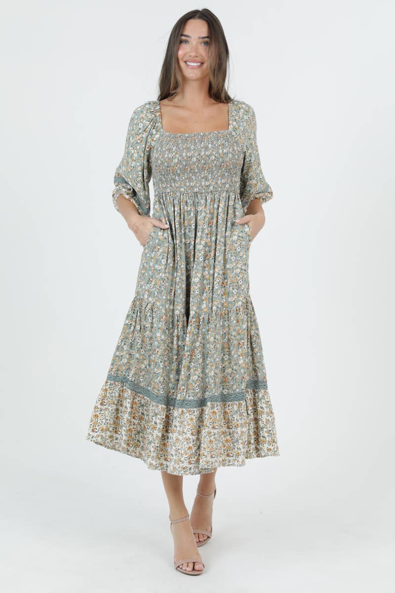 WIMSY PRINT LACE TRIM SMOCKED BODICE MIDI DRESS W
