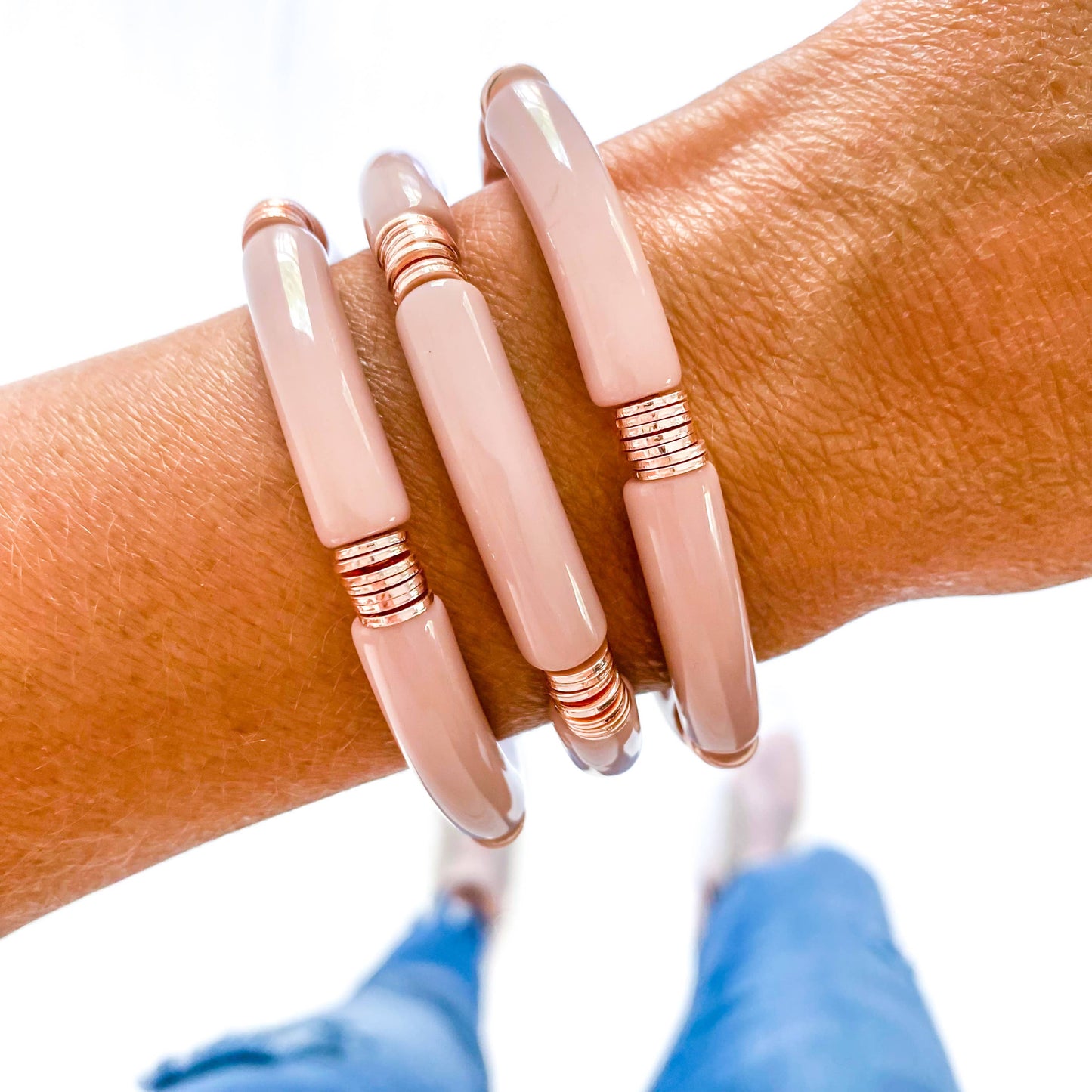 Blush & Rose Gold Acrylic Tube Bamboo Bracelet